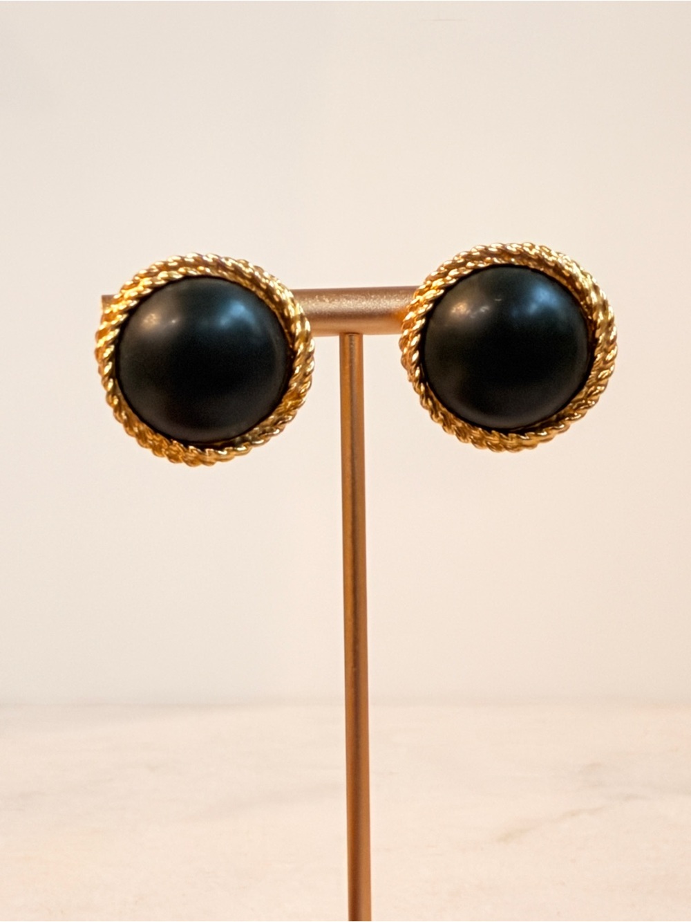 Gold Rope-Edged Black Button Earrings